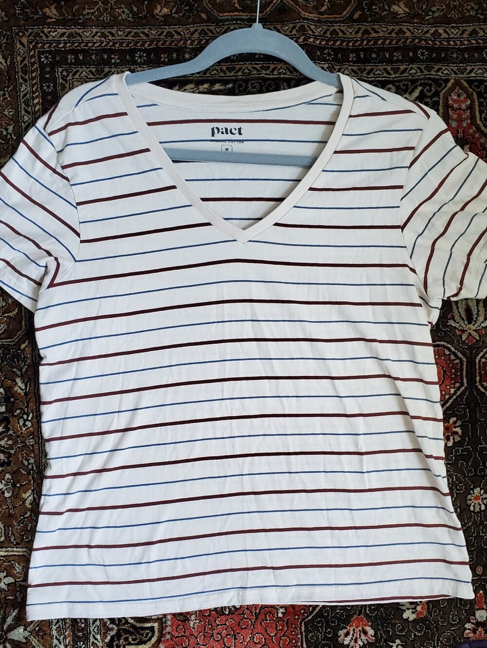 Pact Organic Cotton Cream Brown Blue Stripe V Neck T Shirt